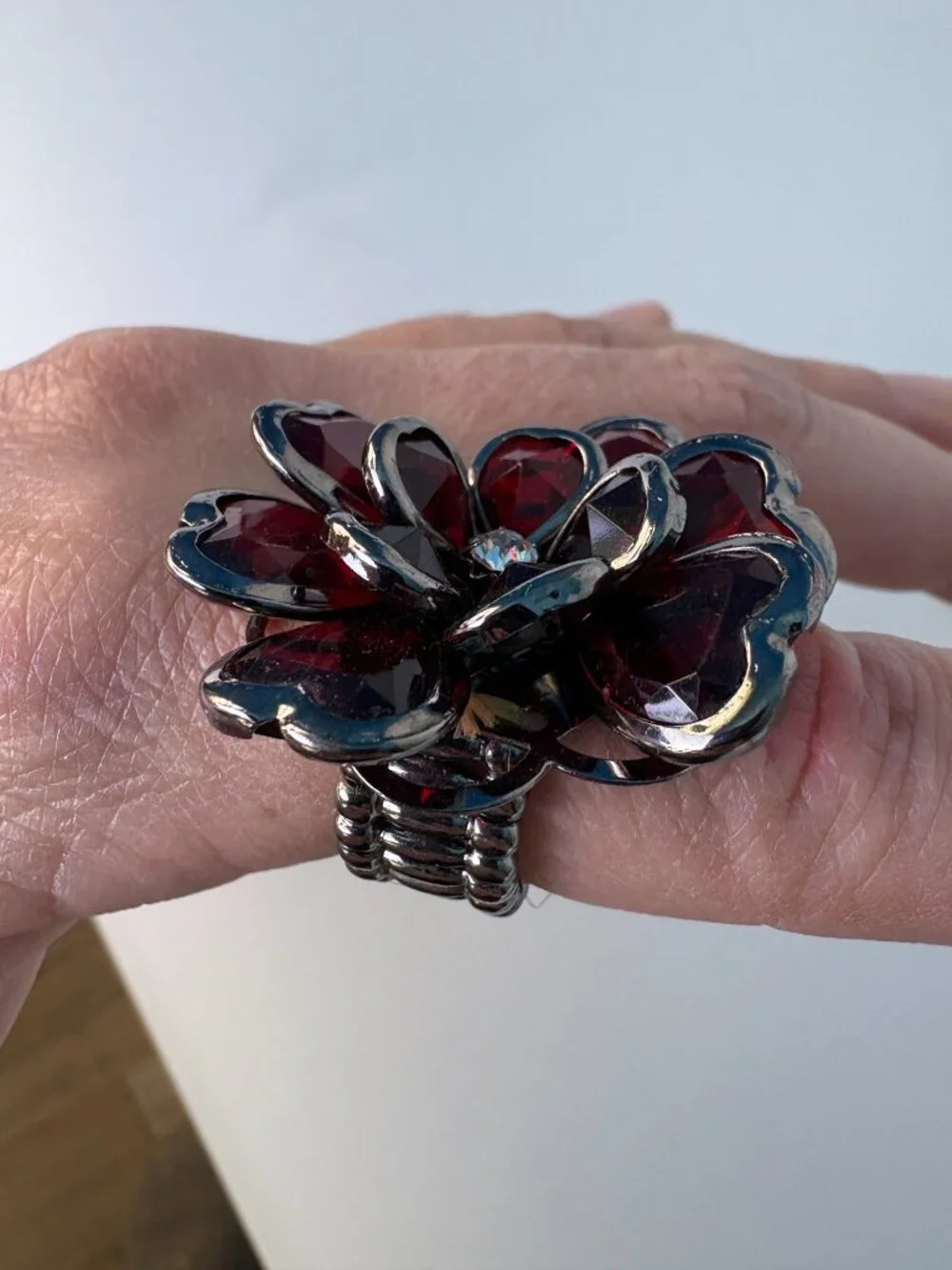 Statement Burgundy Crystal Flower Stretch Ring | Oversized Cocktail Ring